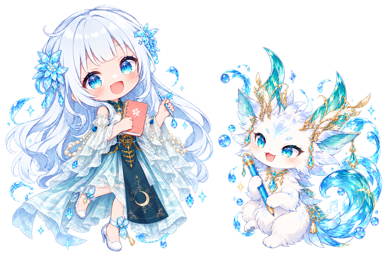 ノートを持った水面こはと、鉛筆を持った相棒リュネのキャラクター
